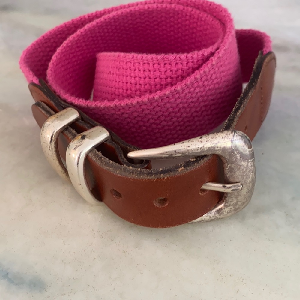 Hot pink canvass belt with leather and silver buckle